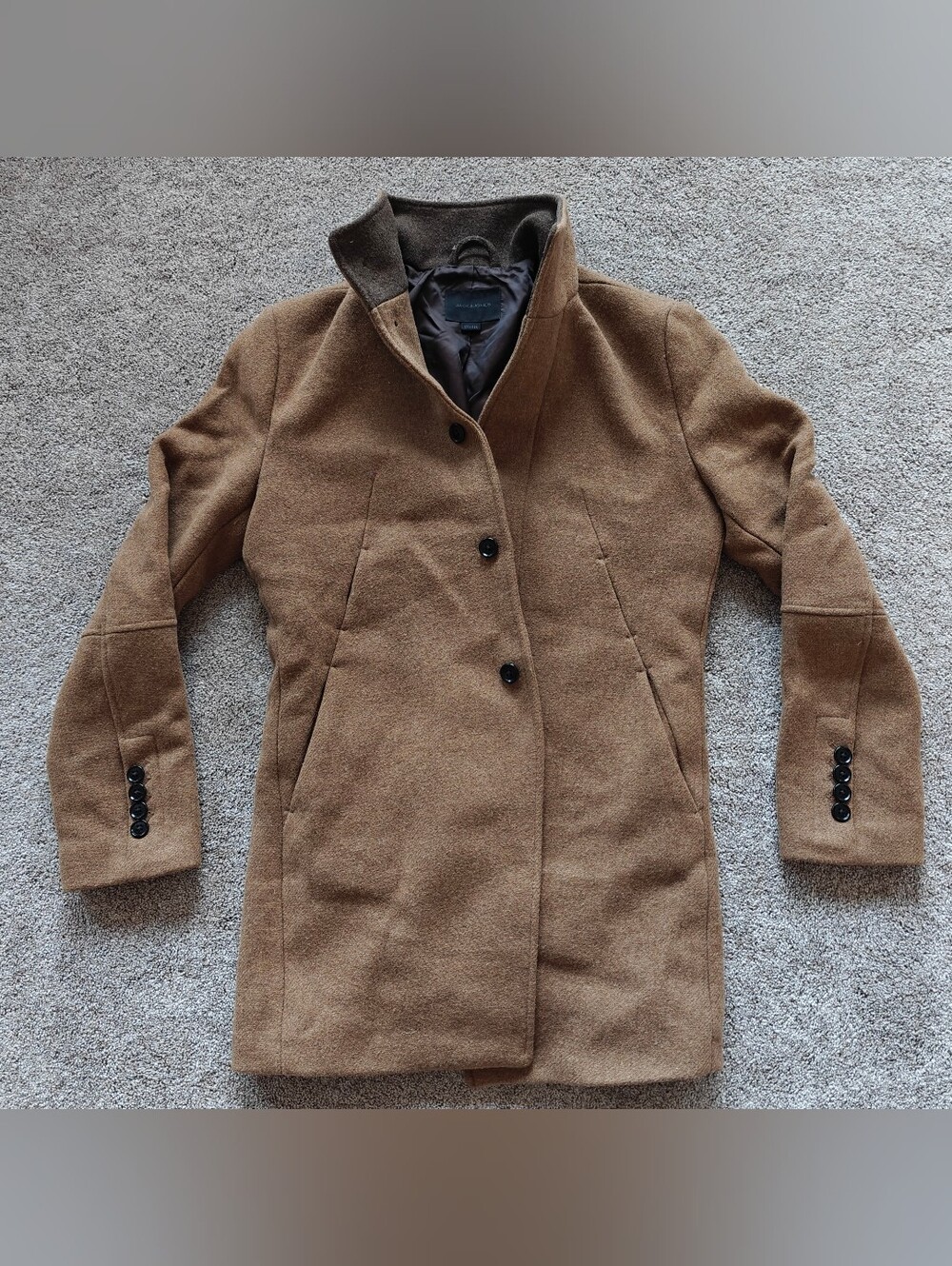Jack & Jones Men's Camel Brown Wool Blend Stand Collar Overcoat - Size S 170/92